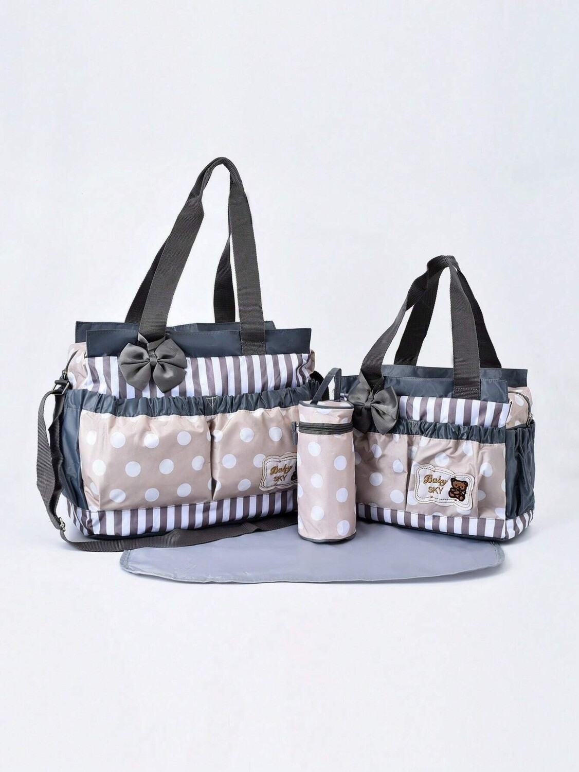 4pcs Baby Polka Dot Pattern Large Capacity Diaper Bag - Grey