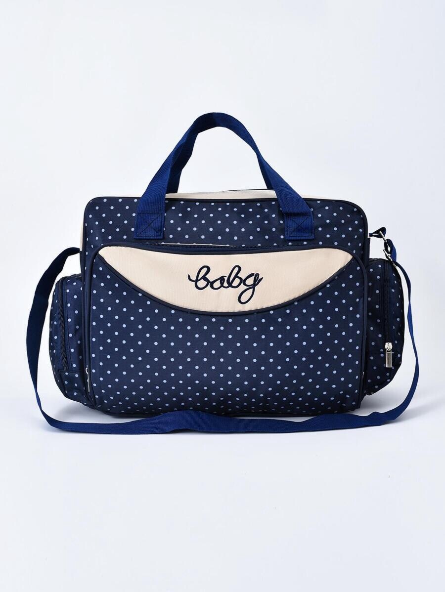 Baby Fashionable Polka Dot Large Capacity Multi Compartment Single Shoulder Diaper Bag - Navy Blue