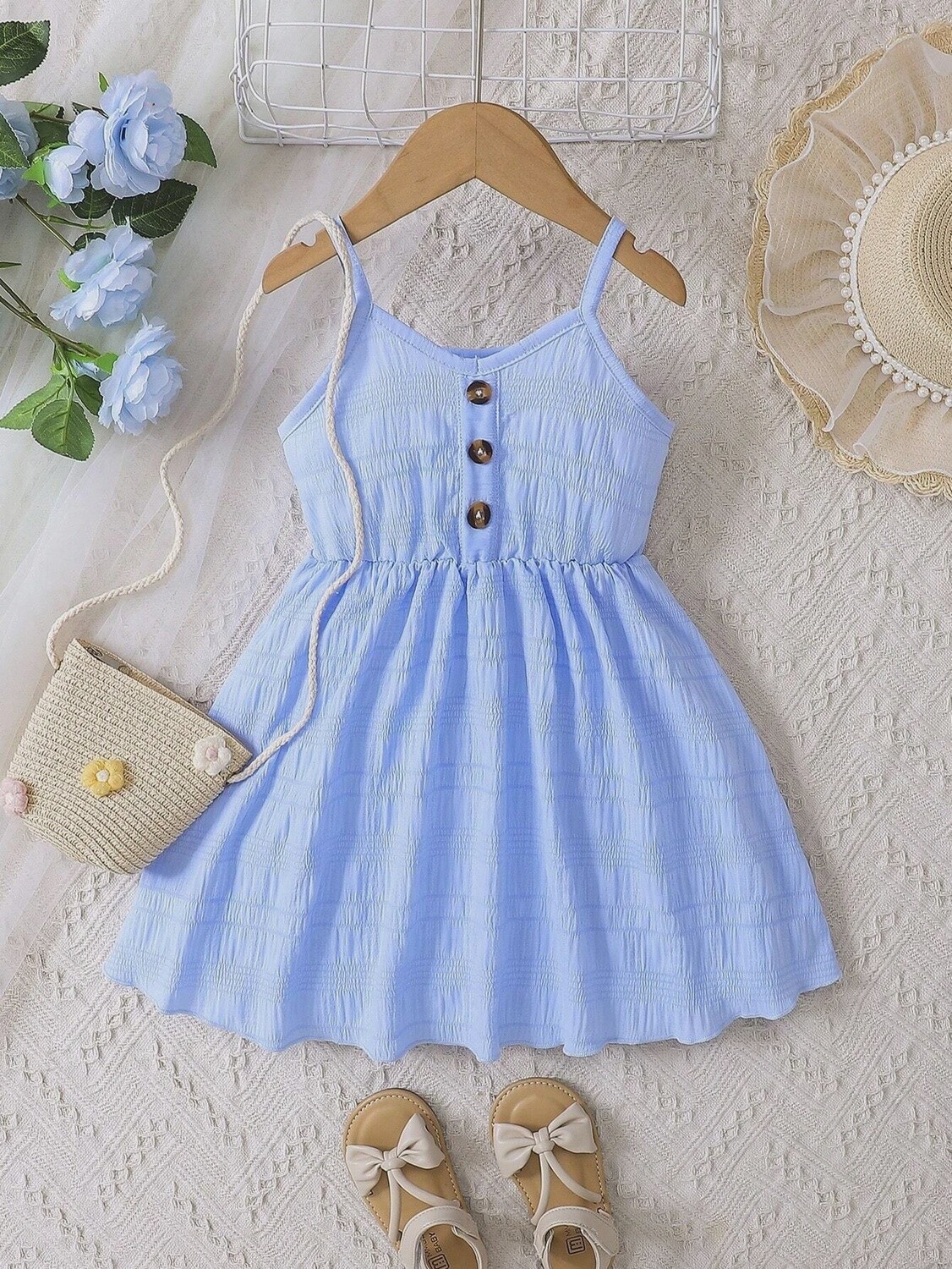 Young Girl Blue Spring Style V-neck Spaghetti Strap Dress