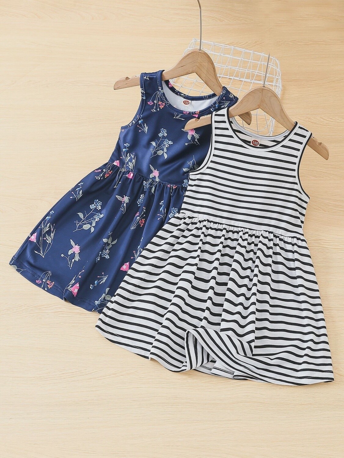 Striped Print Dress With 1pc Floral Print Dress
