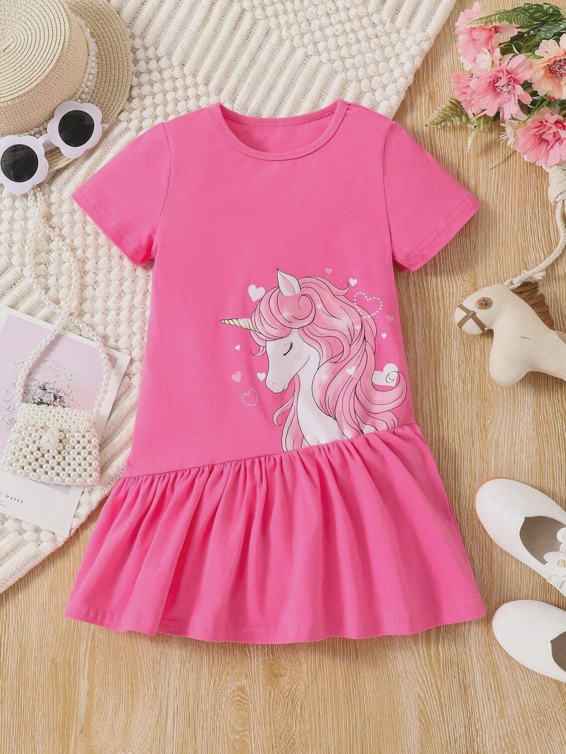 Toddler Girls Unicorn Print Ruffle Hem Dress