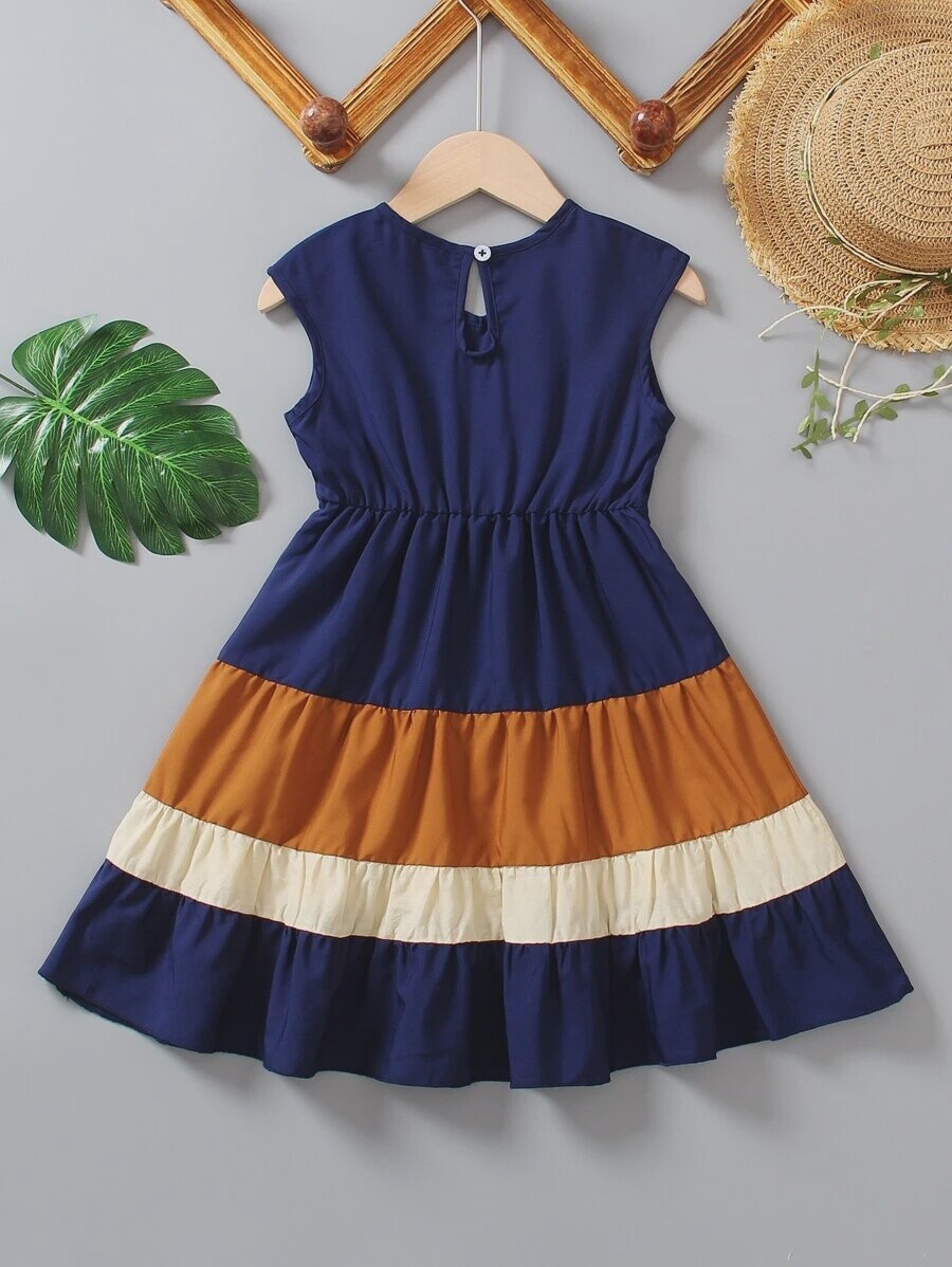 Young Girl Colorblock Keyhole Back Ruffle Hem Dress