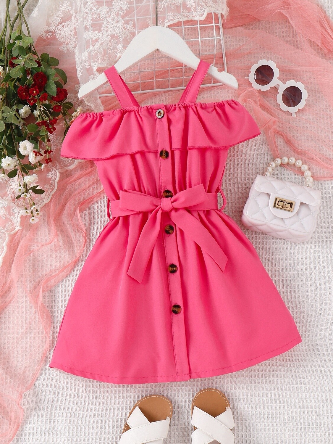 Toddler Girls Cold Shoulder Ruffle Trim Belted Dress
