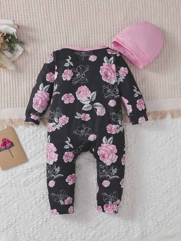 Baby Girl Floral Print Contrast Binding Bow Front Jumpsuit
