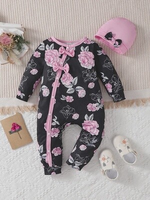 Baby Girl Floral Print Contrast Binding Bow Front Jumpsuit
