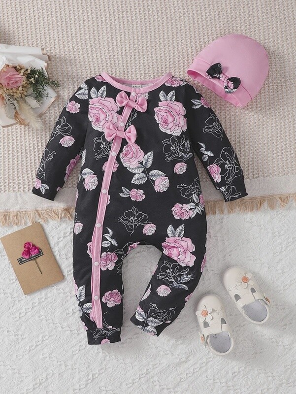 Baby Girl Floral Print Contrast Binding Bow Front Jumpsuit