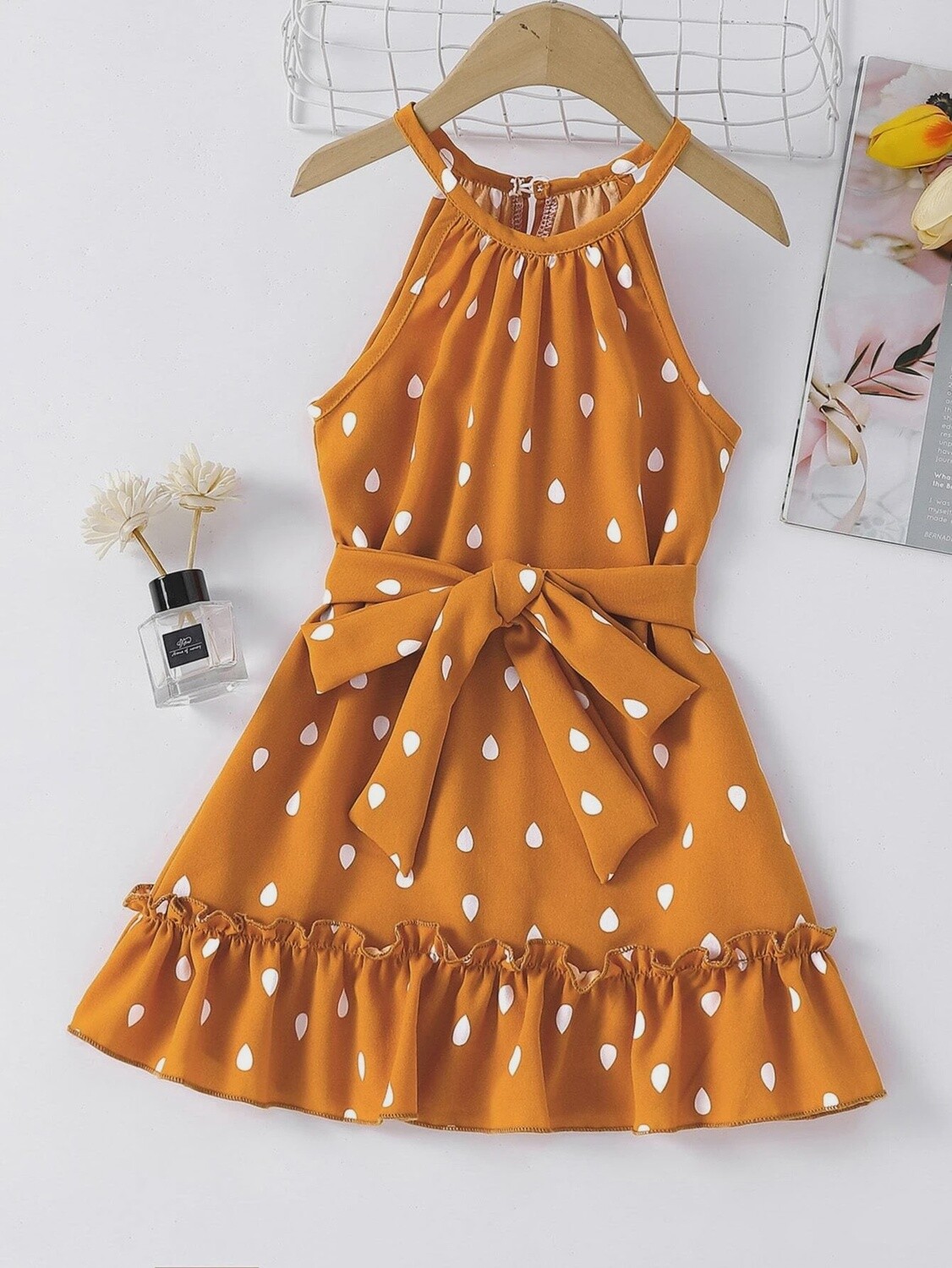 Toddler Girls Drip Print Frill Trim Belted Halter Dress