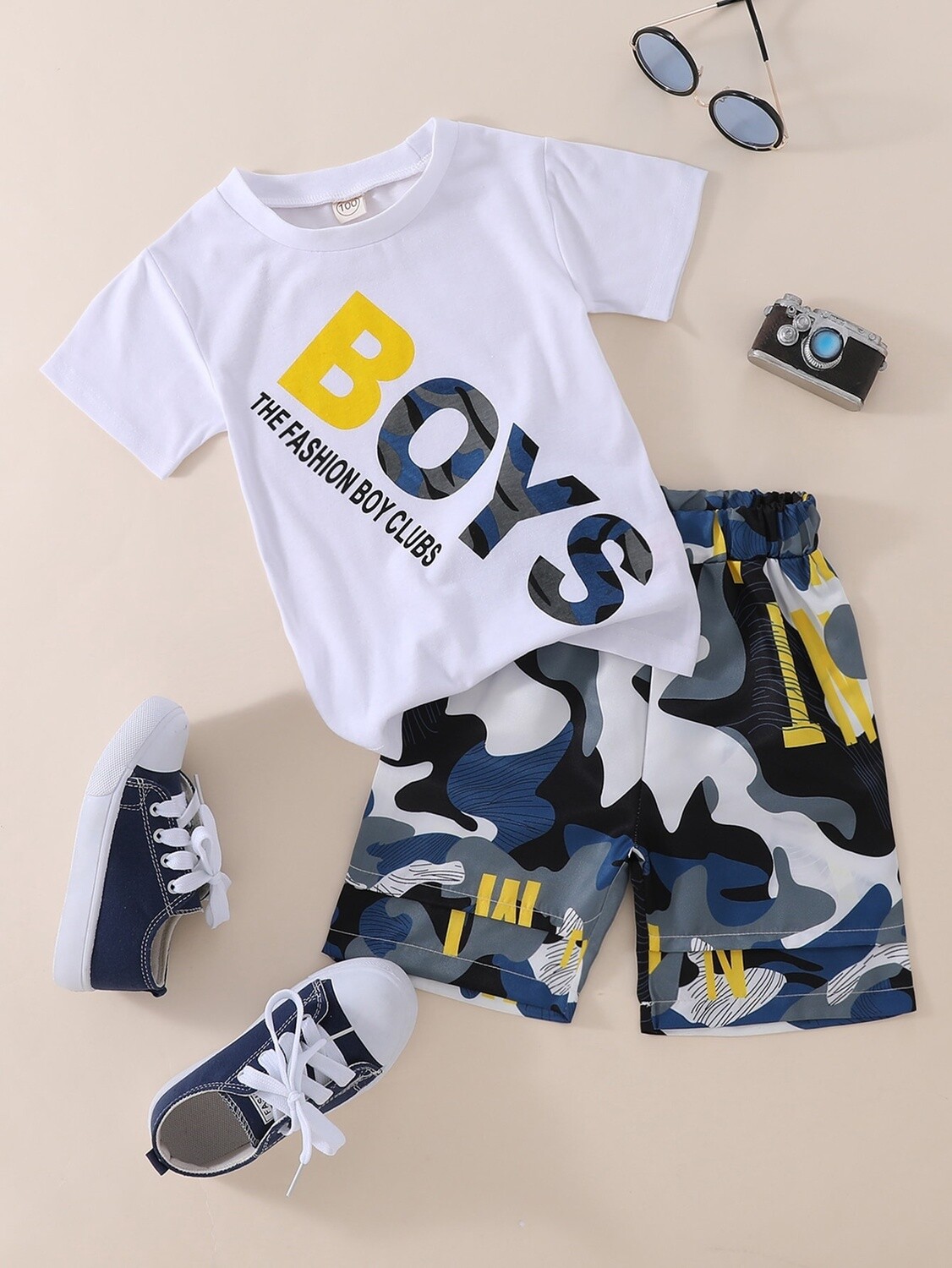 Young Boy Letter &amp; Camo Print Tee &amp; Shorts