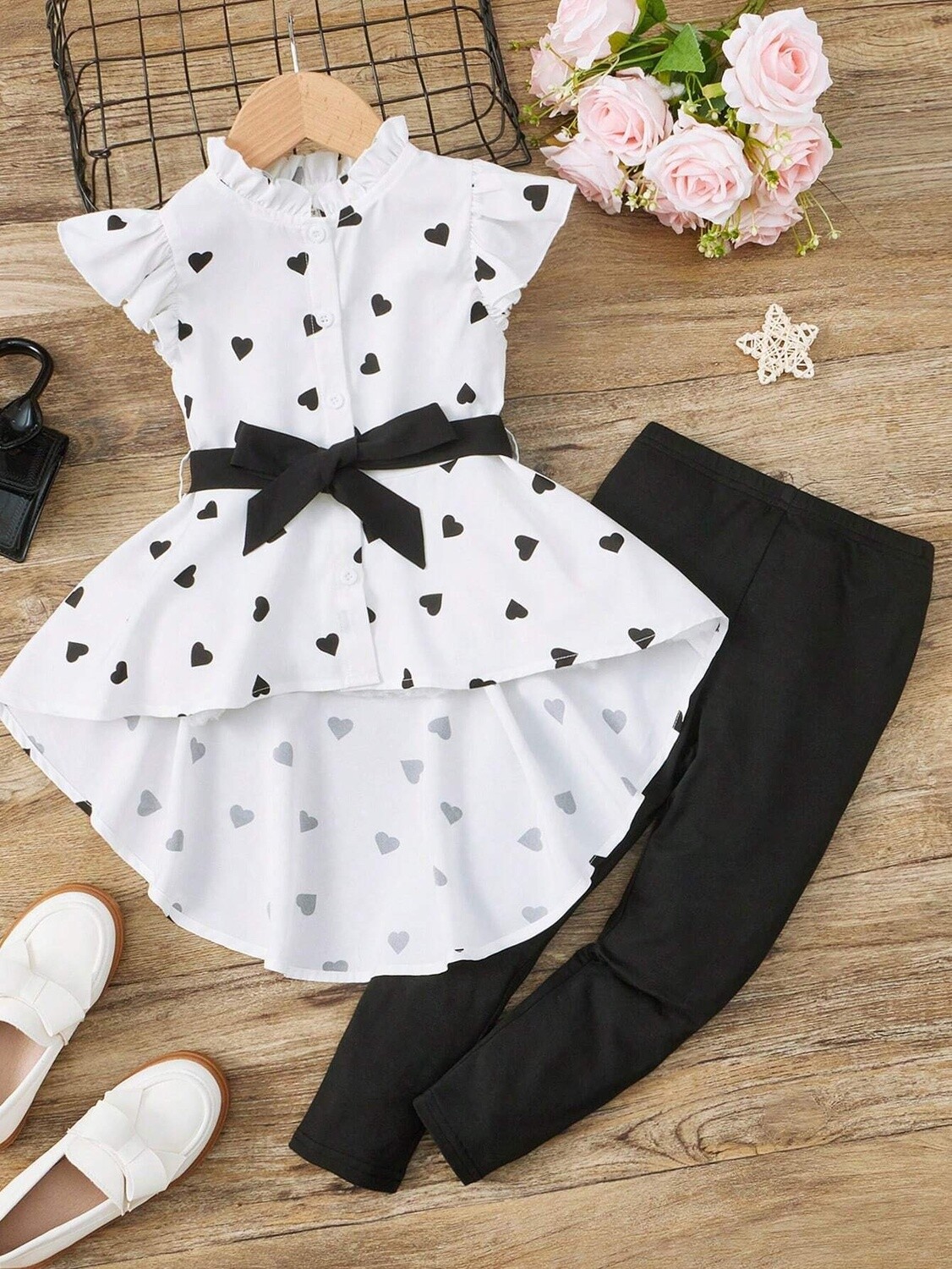 Young Girl Love Heart Printed High Low Shirt With Leggings Set