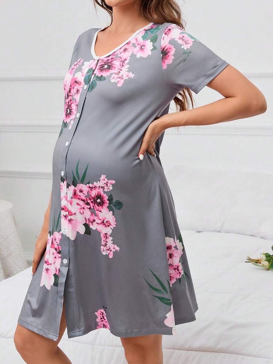 Maternity Floral Print Button Front Nightdress