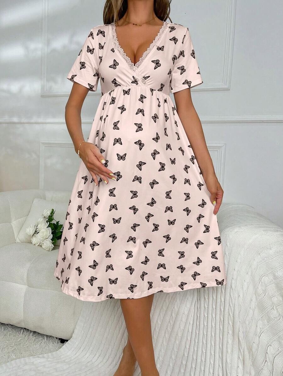 Maternity Butterfly Print Lace Trim Surplice Neck Dress
