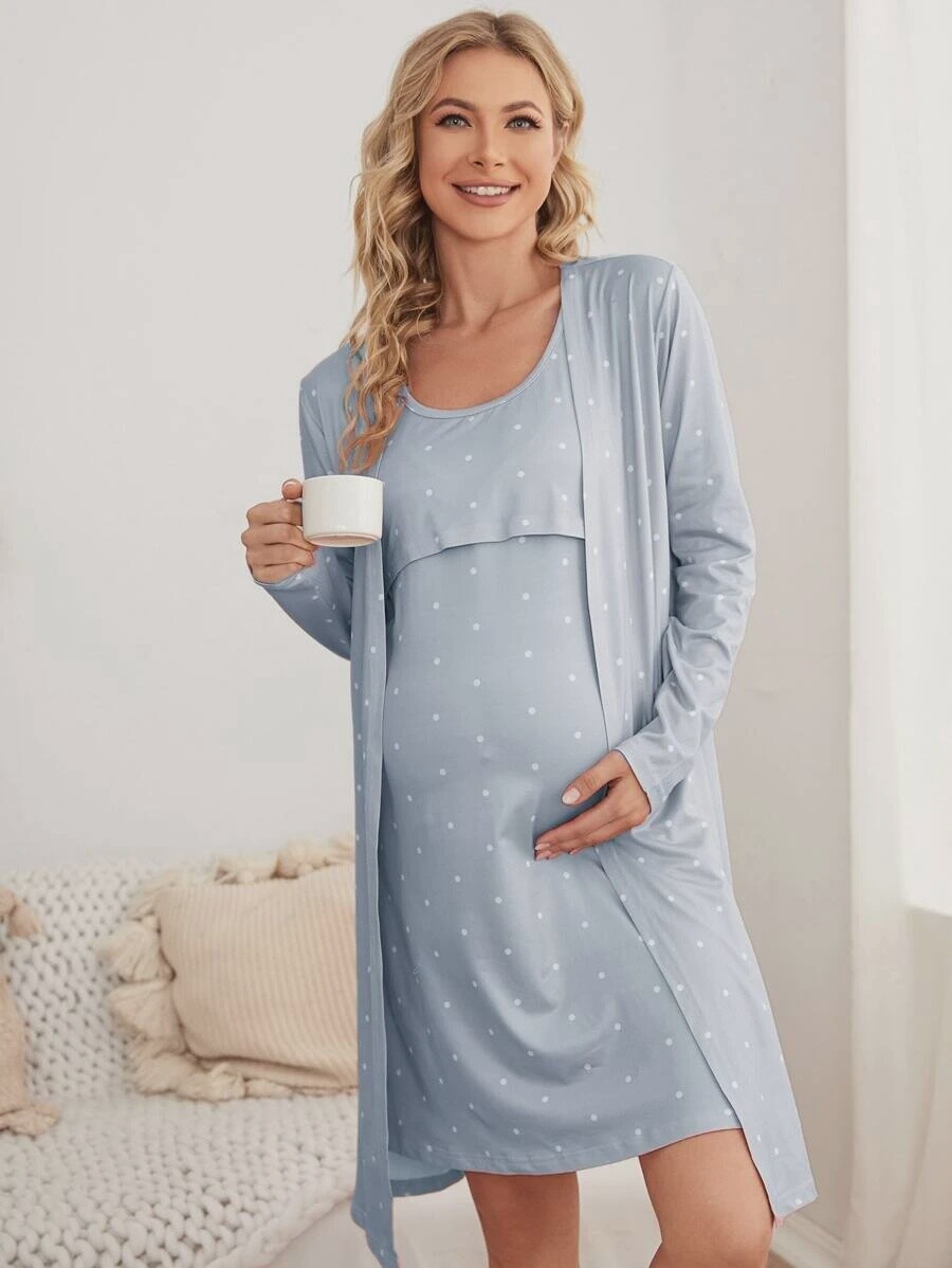 Maternity Polka Dot Print Nursing Dress &amp; Open Front Robe Lounge Set