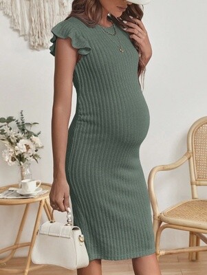 Maternity Ribbed Knit Butterfly Sleeve Dress - Green