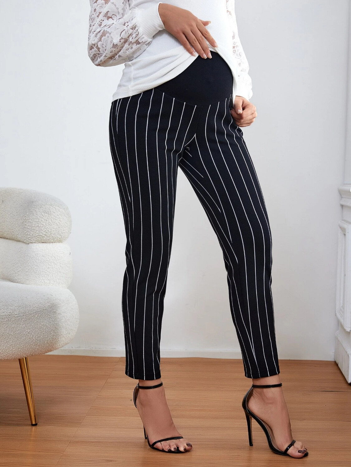 Maternity Vertical Striped Adjustable Elastic Waist Skinny Pants - Black