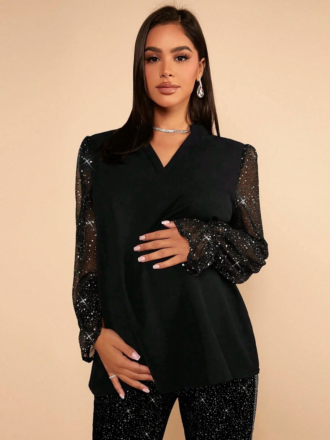 Maternity Flare Sleeve Sequin Detail Blouse