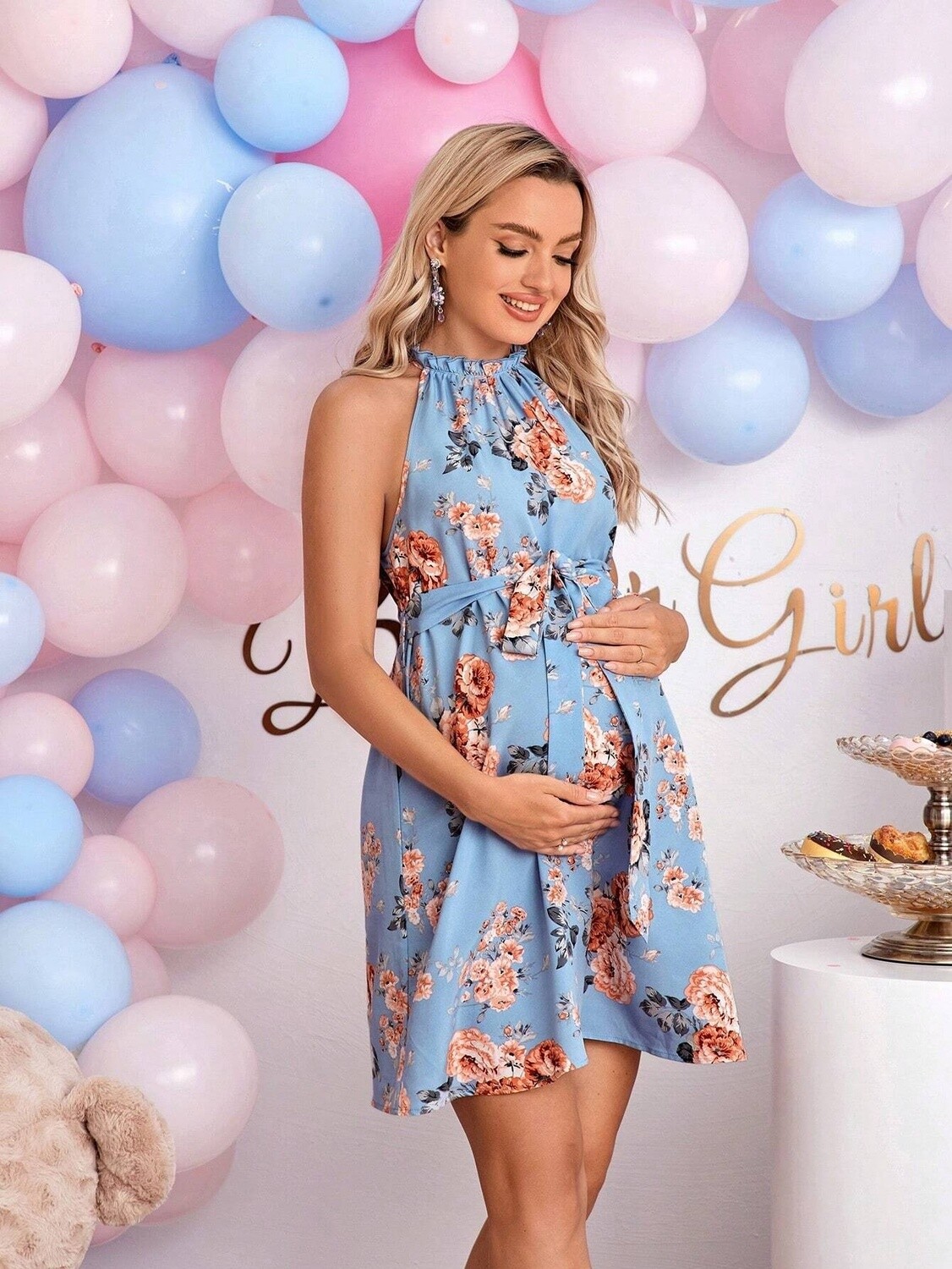Maternity Floral Print Belted Halter Dress