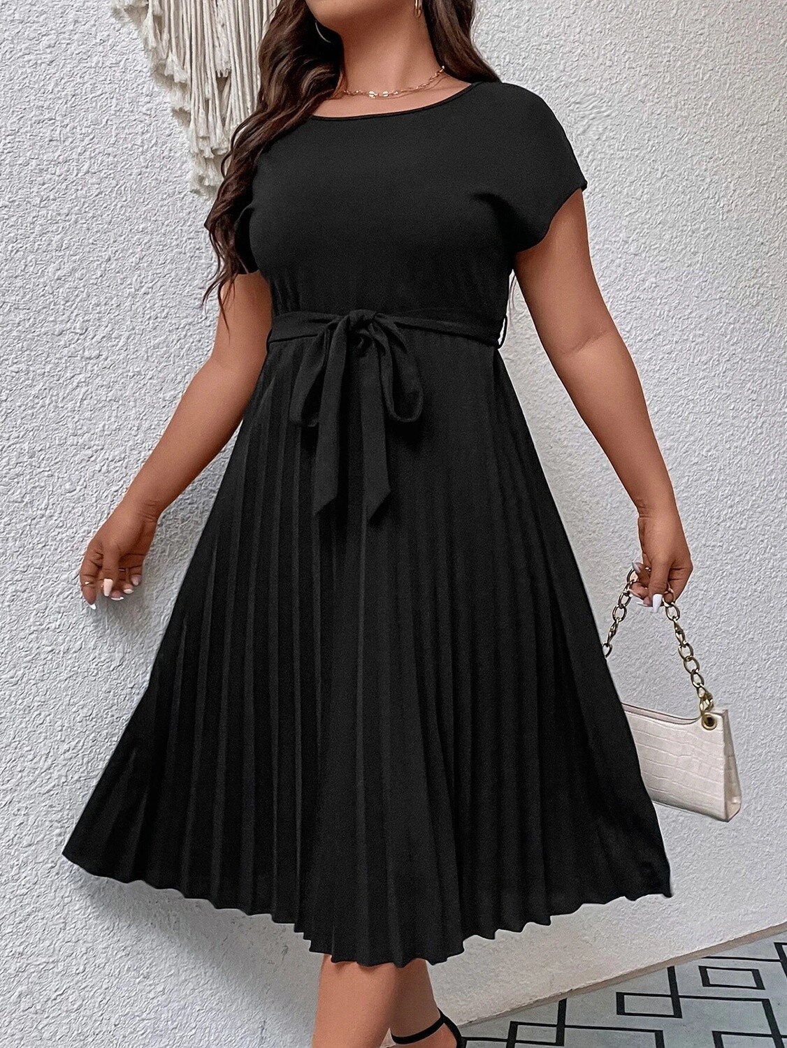 Maternity Pleated Hem Belted Dress - Black