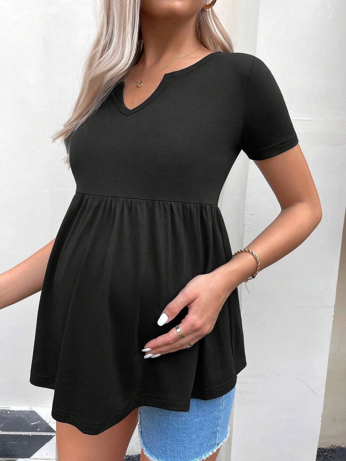 Maternity Notched Neck Peplum Tee - Black