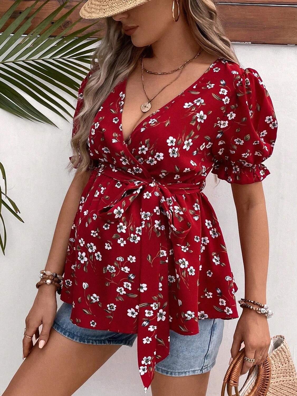 Maternity Ditsy Floral Print Puff Sleeve Belted Blouse