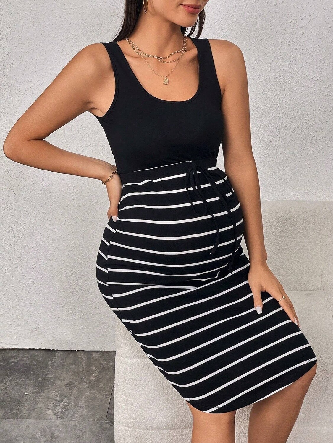 Maternity Striped Adjustable Drawstring Waist Curved Hem Skirt