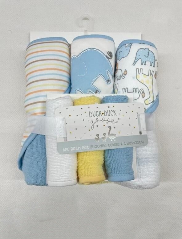 Duck Duck Goose 6 pack towel and washcloth set - Blue elephant