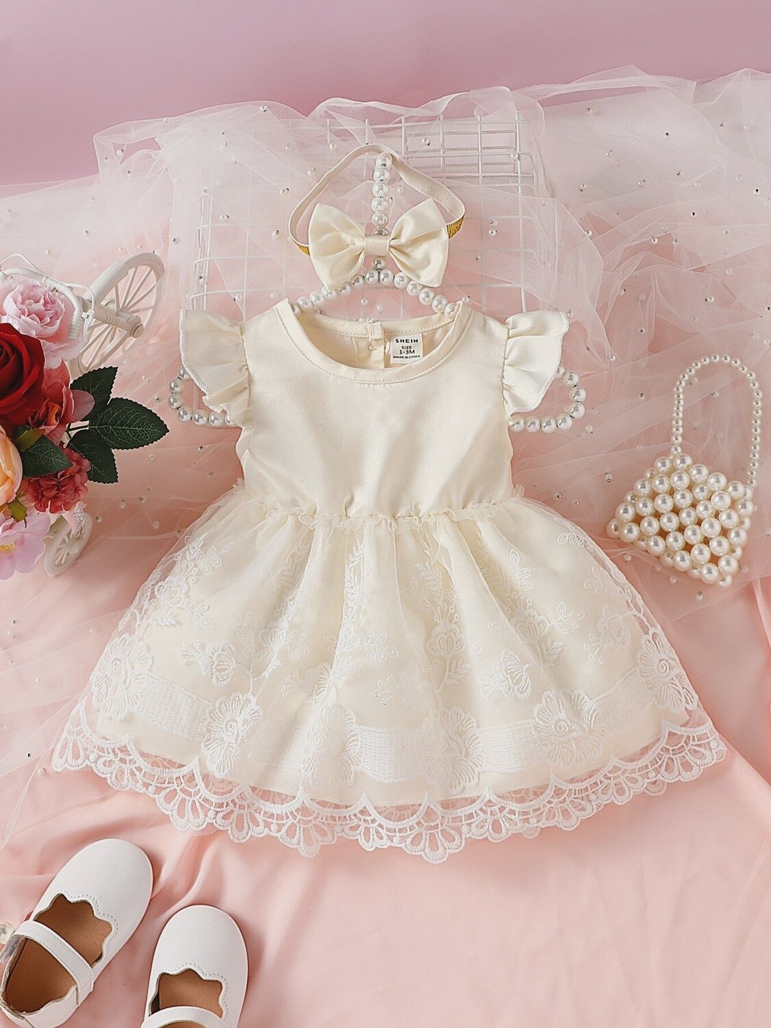 Baby Girl Newborn Contrast Lace Ruffle Trim Dress