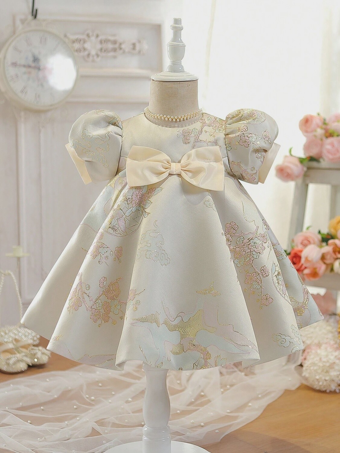 Baby Girl Floral Print Bow Front Puff Sleeve Dress