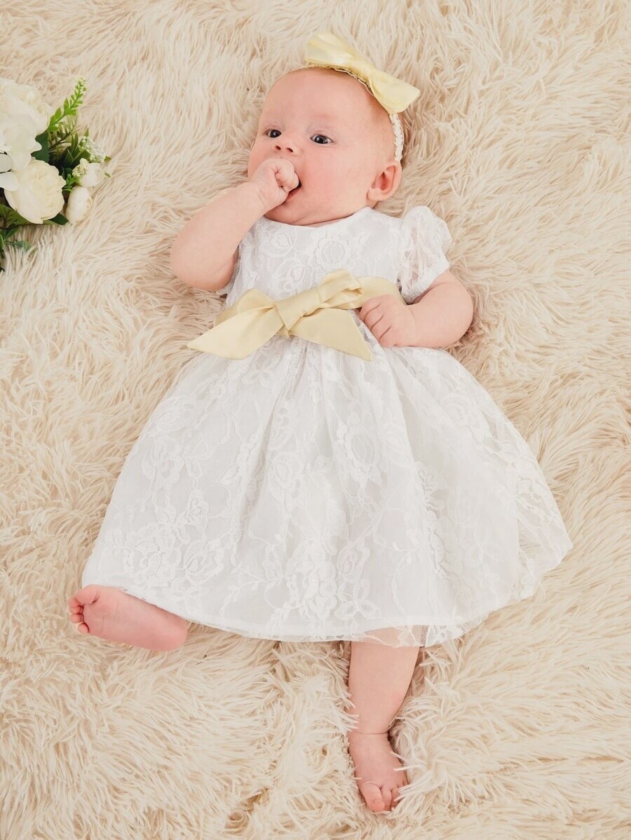 Baby Girl Newborn Lace Overlay Belted Dress Without Handband