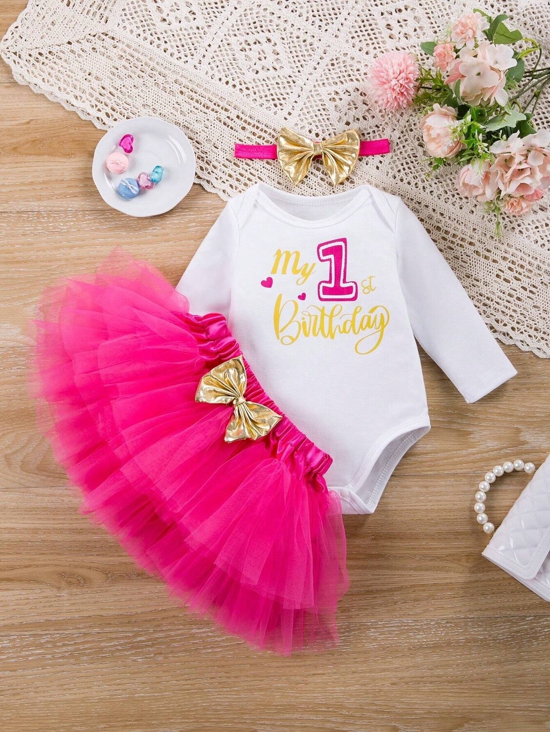 Baby Girls&#39; Birthday Printed Jumpsuit, Mesh Skirt, And Headband Set