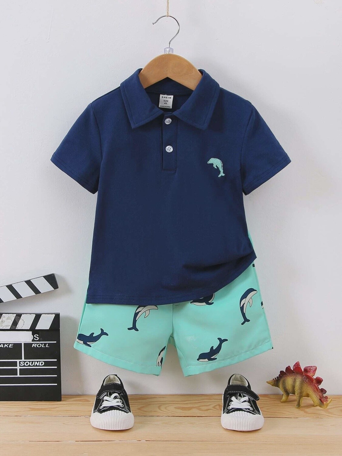 Young Boy 2pcs/Set Casual Knitted Short Sleeve Polo Shirt &amp; Shorts With Dolphin Embroidery For Summer