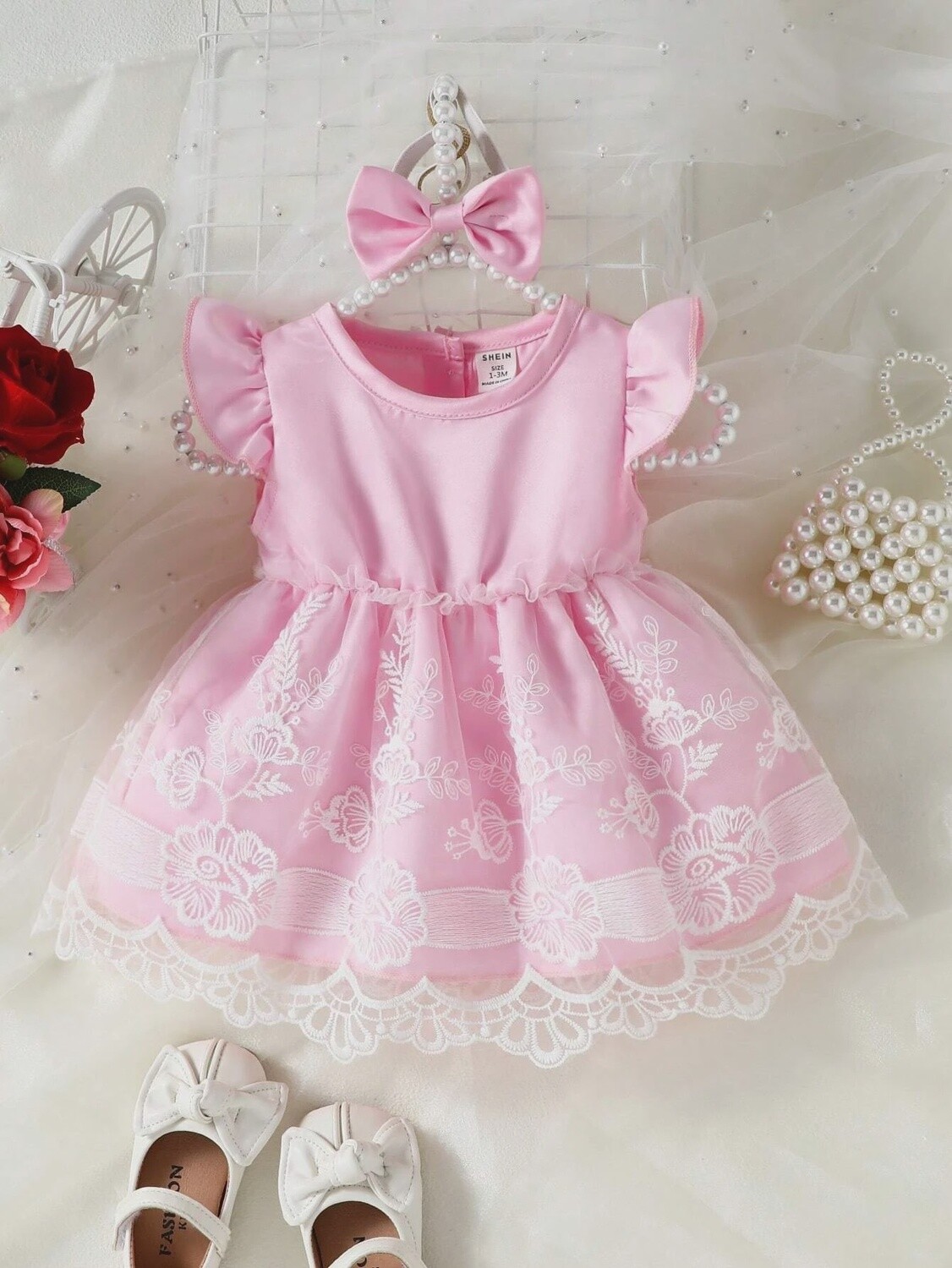Newborn Baby Ruffle Trim Lace Overlay Dress