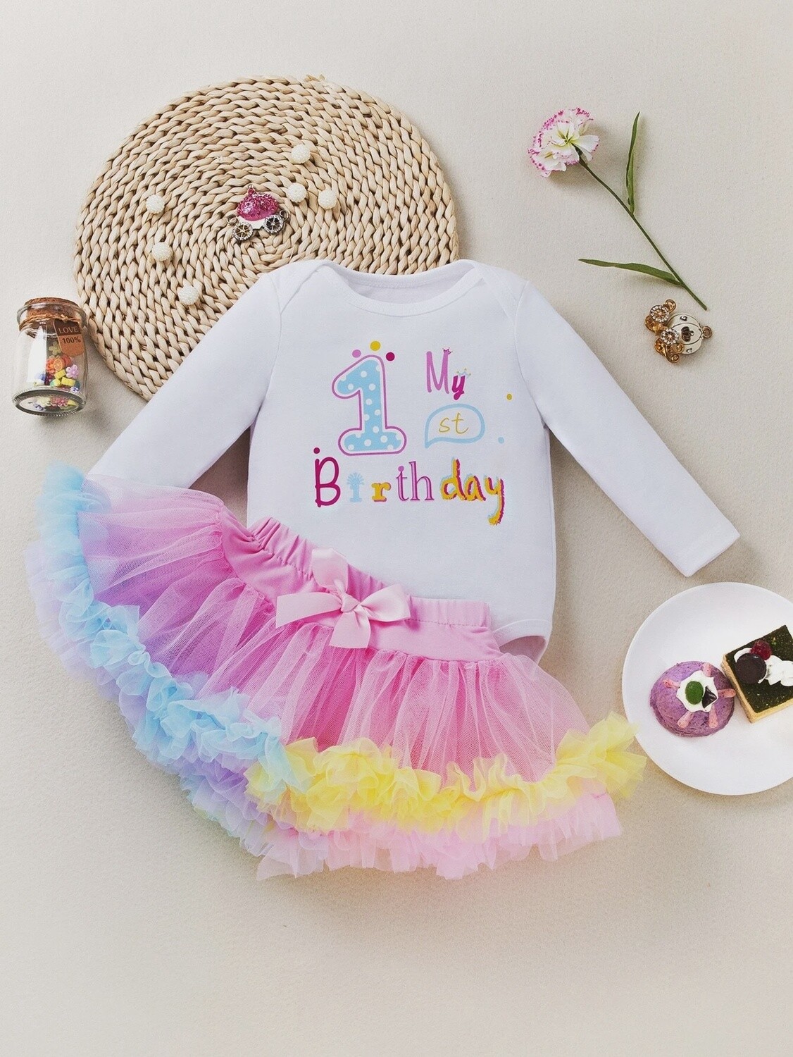 Baby Girl Slogan Graphic Bodysuit &amp; Contrast Mesh Bow Front Skirt