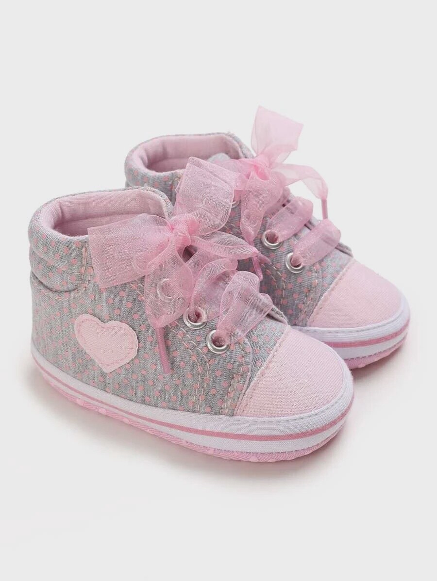 Girls Polka Dot Heart Decor Lace-up Front Canvas Shoes