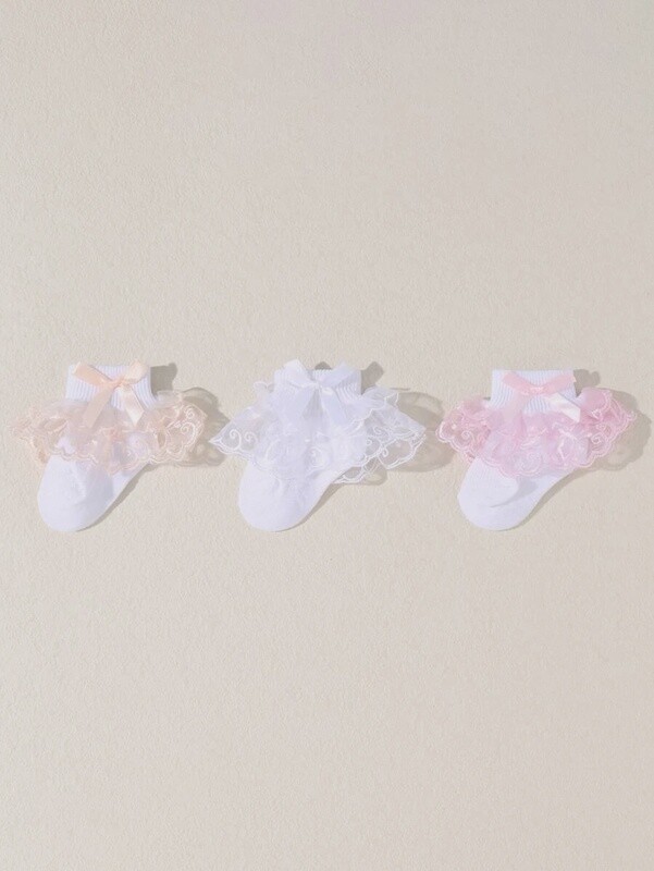 3pairs Baby Bow Decor Lace Socks