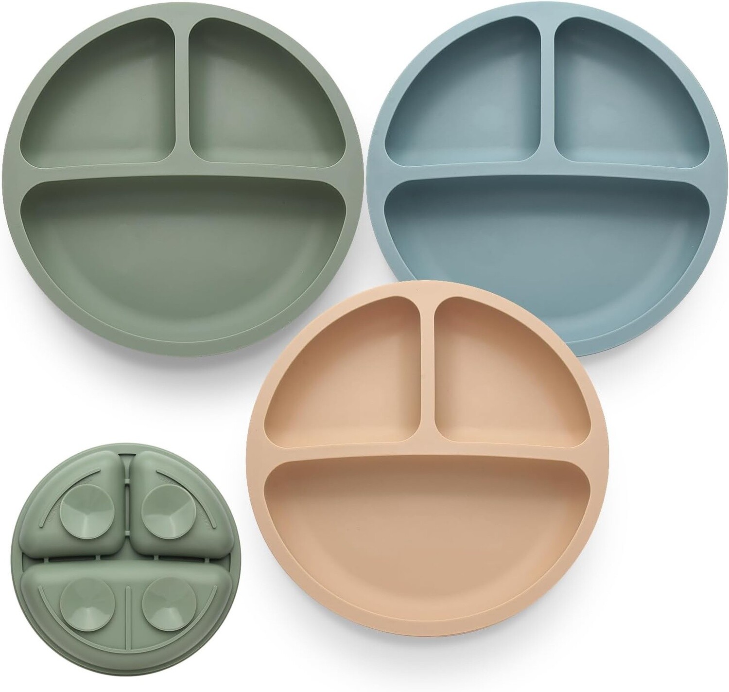 PandaEar Divided Unbreakable Silicone Baby and Toddler Plates - 3 Pack - Non-Slip - Dishwasher and Microwave Safe - Silicone (Blue Green Brown)