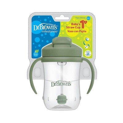 Dr. Brown’s Milestones Baby’s First Straw Cup, Training Cup with Weighted Straw, Olive Green, 6m+