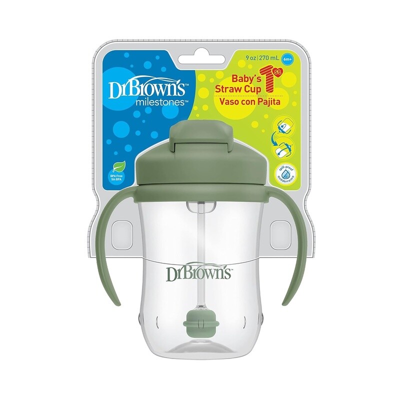 Dr. Brown’s Milestones Baby’s First Straw Cup, Training Cup with Weighted Straw, Olive Green, 6m+