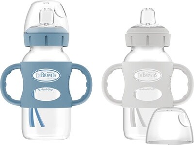 Dr. Brown's Milestones Narrow Sippy Straw Bottle, Spill-Proof with 100% Silicone Handles and Weighted Straw, 8 oz/250 mL