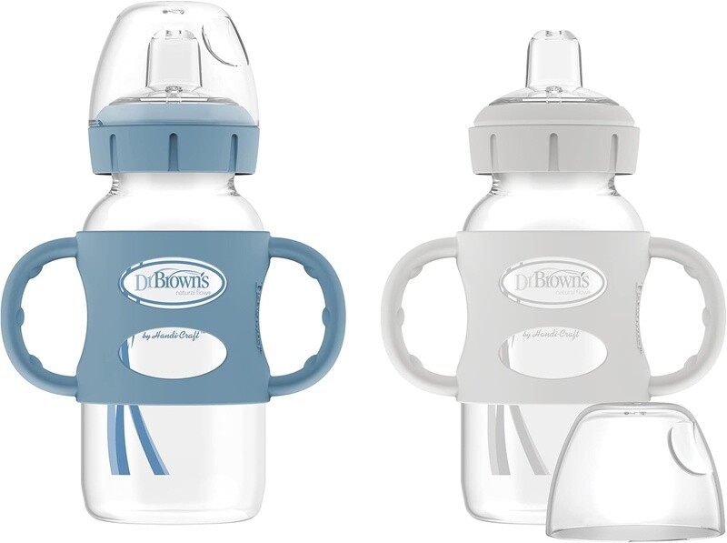 Dr. Brown&#39;s Milestones Narrow Sippy Straw Bottle, Spill-Proof with 100% Silicone Handles and Weighted Straw, 8 oz/250 mL