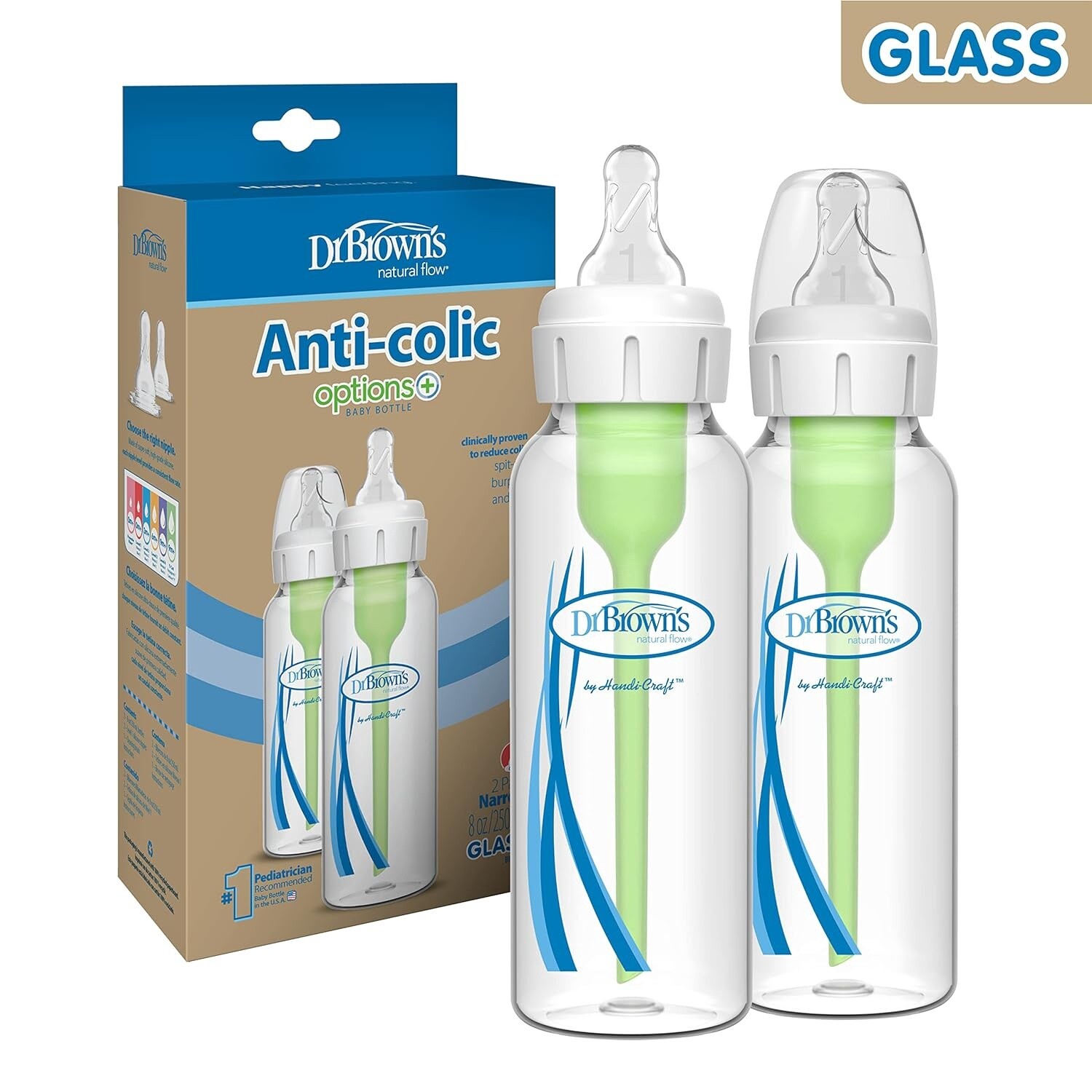 Dr. Brown&#39;s Natural Flow Anti-Colic Options+ Narrow Glass Baby Bottle 8 oz/250 mL, with Level 1 Slow Flow Nipple, 2 Pack, 0m+