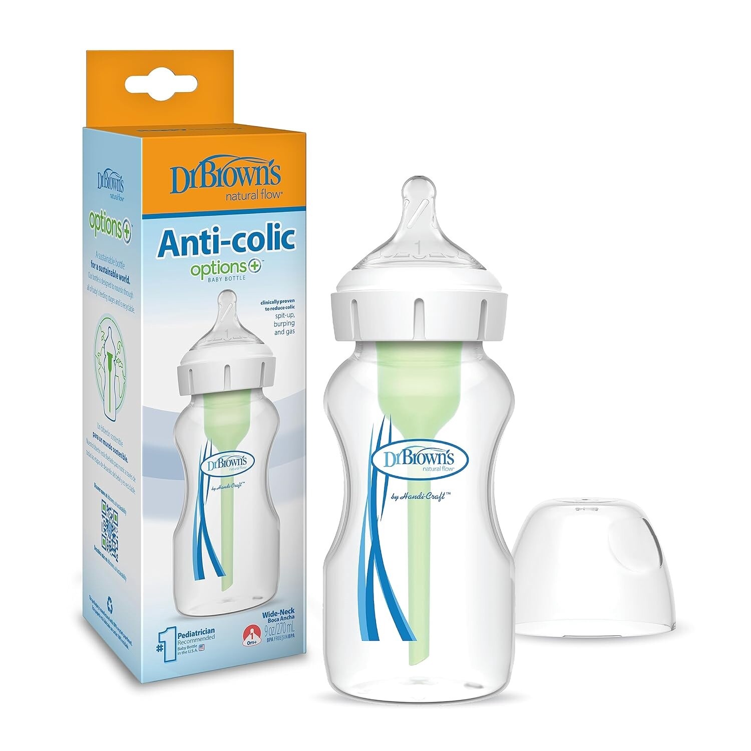 Dr. Brown&#39;s Natural Flow Anti-Colic Options+Wide-Neck Baby Bottle,9 oz/270 mL,Level 1 Nipple,1-Pack,0m+