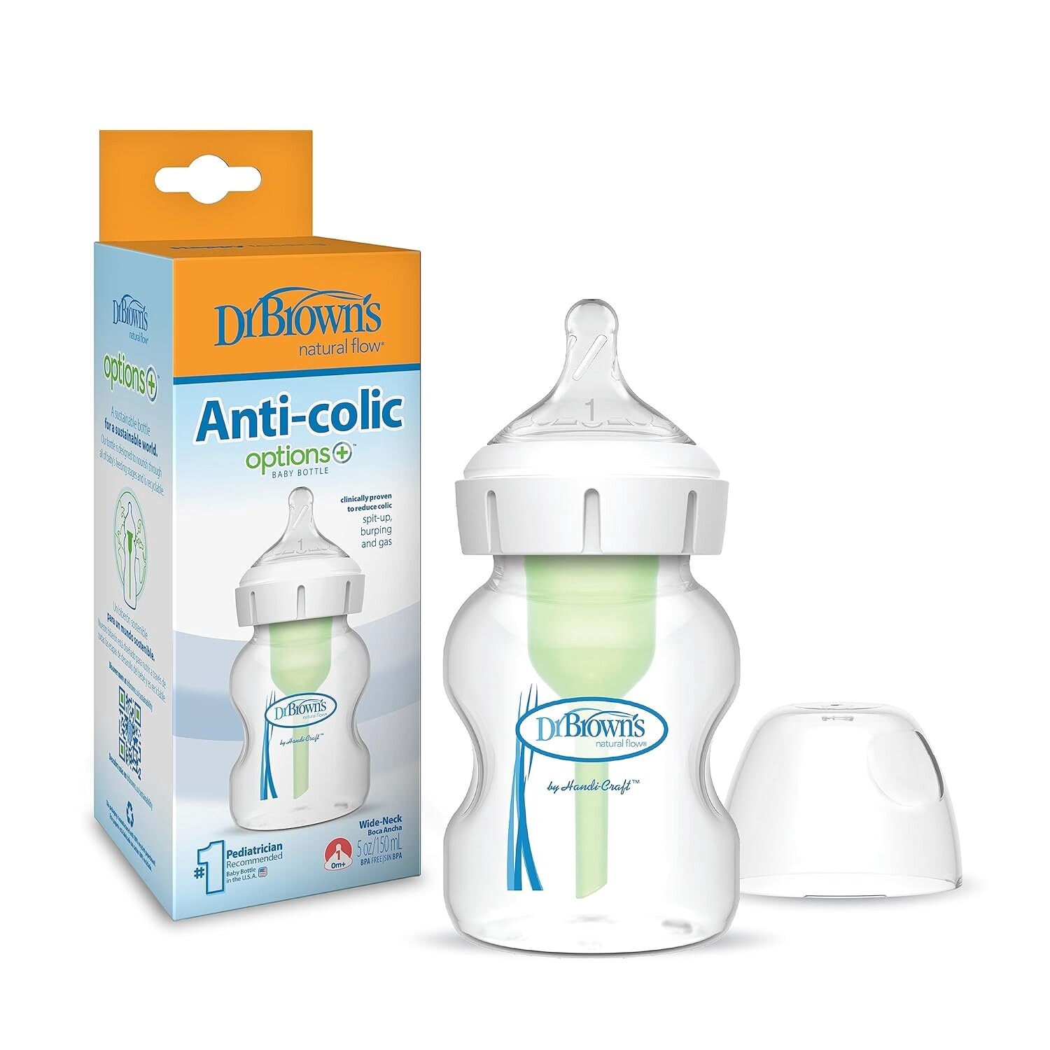 Dr. Brown&#39;s Natural Flow Anti-Colic Options+Wide-Neck Baby Bottle, 5 oz/150 mL, Level 1 Nipple, 1-Pack, 0m+
