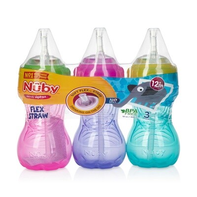 Nuby No-Spill Soft Straw Easy Grip Sippy Cup for Girls - (3-Pack) 10 Oz - 12+ Months