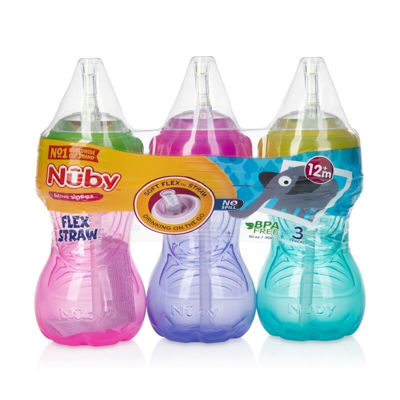 Nuby No-Spill Soft Straw Easy Grip Sippy Cup for Girls - (3-Pack) 10 Oz - 12+ Months