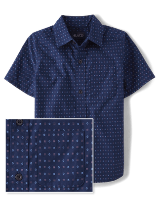 Boys Print Poplin Button Up Shirt - Navy
