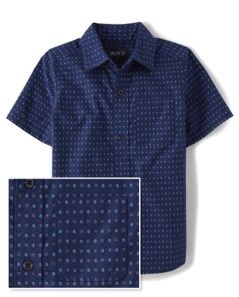 Boys Print Poplin Button Up Shirt - Navy
