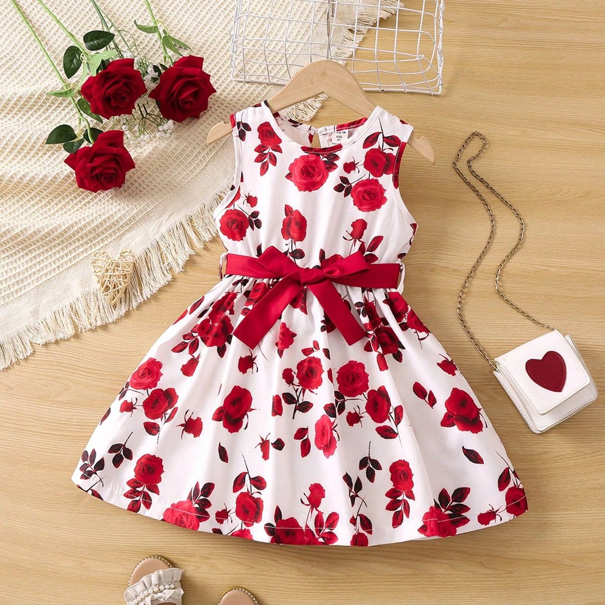 Young Girl Floral Print Keyhole Back Belted Dress