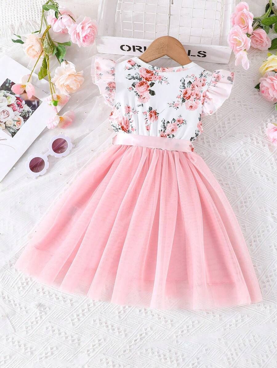 Young Girl Floral Print Ruffle Trim Mesh Overlay Belted Dress
