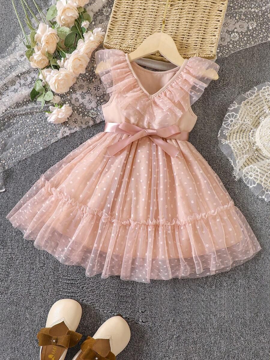 Young Girl Dobby Mesh Overlay Ruffle Trim Belted Dress