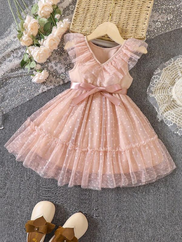 Young Girl Dobby Mesh Overlay Ruffle Trim Belted Dress